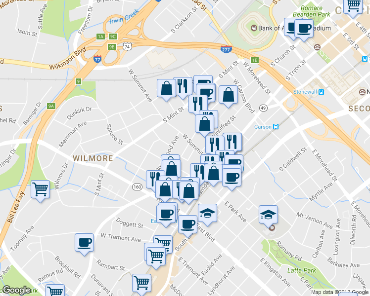 map of restaurants, bars, coffee shops, grocery stores, and more near 1547 South Church Street in Charlotte