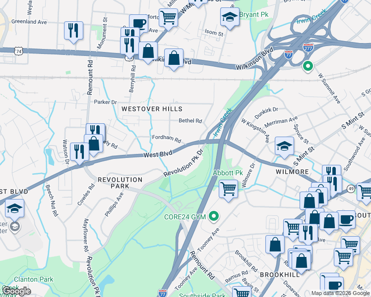 map of restaurants, bars, coffee shops, grocery stores, and more near 1145 West Boulevard in Charlotte