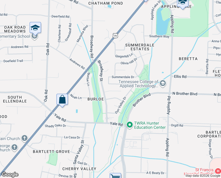 map of restaurants, bars, coffee shops, grocery stores, and more near 7377 Tina Cove in Bartlett
