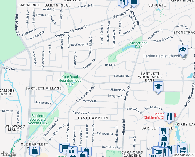 map of restaurants, bars, coffee shops, grocery stores, and more near 6354 Yale Road in Bartlett