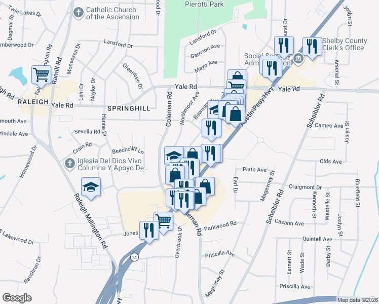 map of restaurants, bars, coffee shops, grocery stores, and more near 3351 Powers Road in Memphis