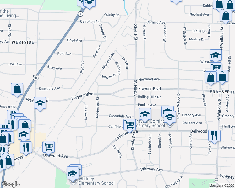 map of restaurants, bars, coffee shops, grocery stores, and more near 1373 Frayser Boulevard in Memphis