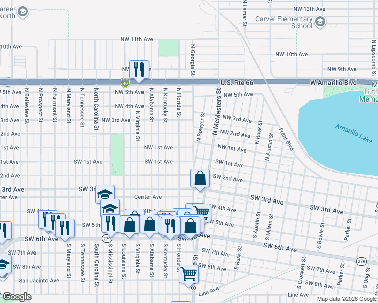 map of restaurants, bars, coffee shops, grocery stores, and more near 85 North Georgia Street in Amarillo
