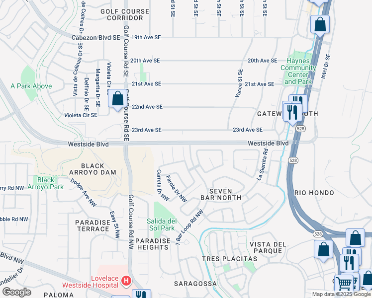 map of restaurants, bars, coffee shops, grocery stores, and more near 12014 Cascada Azul Place Northwest in Albuquerque