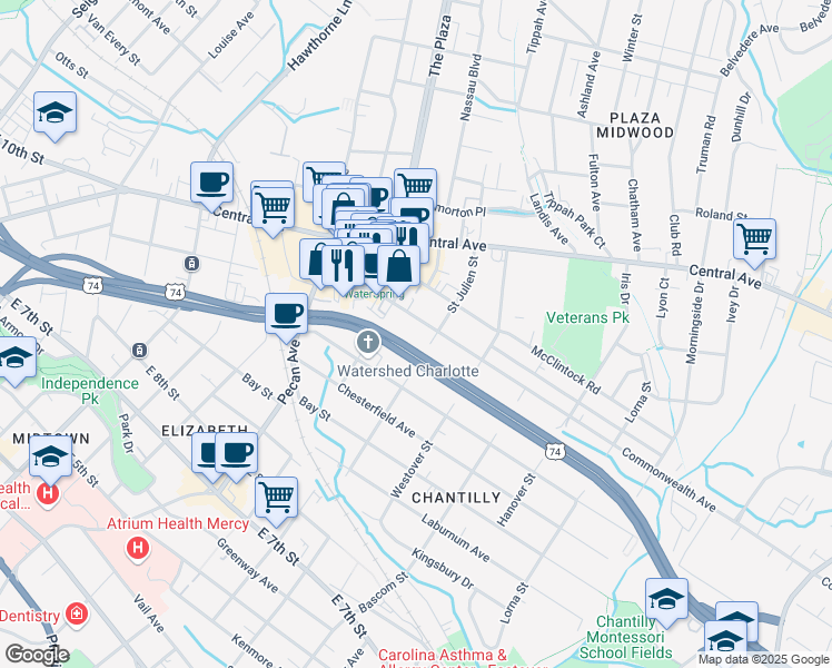 map of restaurants, bars, coffee shops, grocery stores, and more near 2142 Commonwealth Avenue in Charlotte
