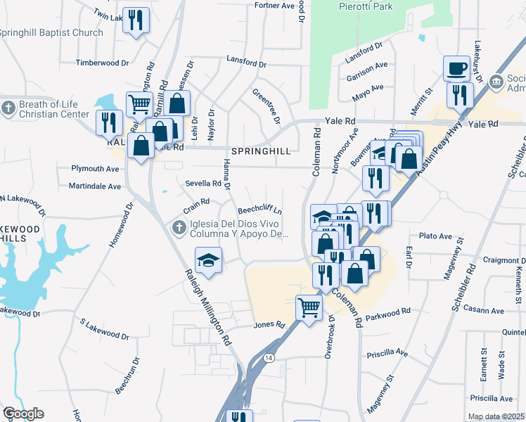 map of restaurants, bars, coffee shops, grocery stores, and more near 4285 Beechcliff Lane in Memphis