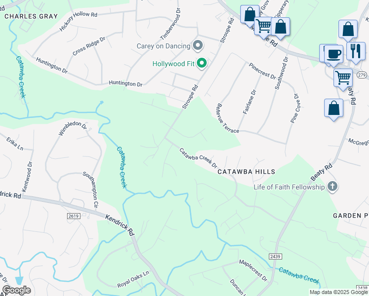 map of restaurants, bars, coffee shops, grocery stores, and more near 3580 Catawba Creek Drive in Gastonia