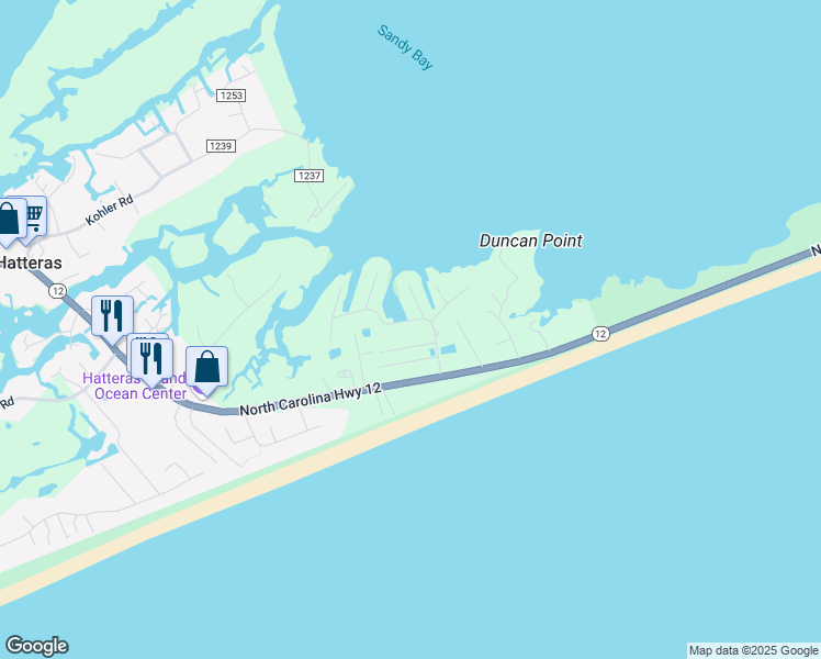 map of restaurants, bars, coffee shops, grocery stores, and more near 56195 Queen Street in Hatteras