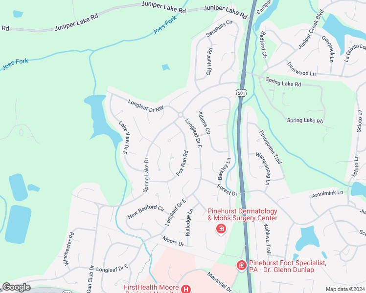 map of restaurants, bars, coffee shops, grocery stores, and more near 215 Fox Run Road in Pinehurst