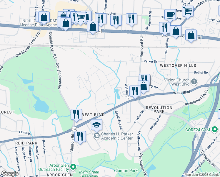map of restaurants, bars, coffee shops, grocery stores, and more near 3003 Beeler Lane in Charlotte