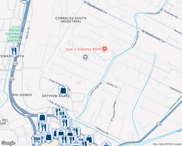 map of restaurants, bars, coffee shops, grocery stores, and more near 115 El Rey Drive in Corrales