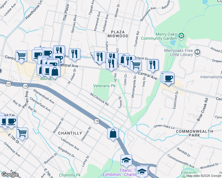 map of restaurants, bars, coffee shops, grocery stores, and more near in Charlotte