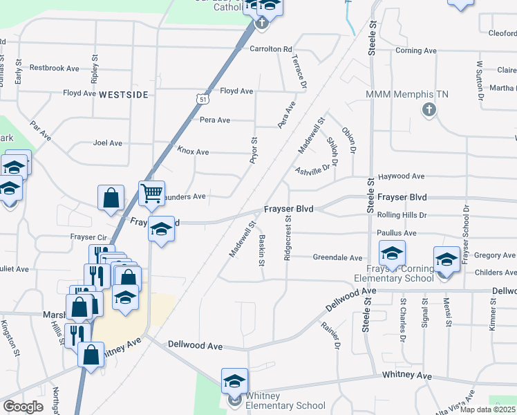 map of restaurants, bars, coffee shops, grocery stores, and more near 1250 Frayser Boulevard in Memphis