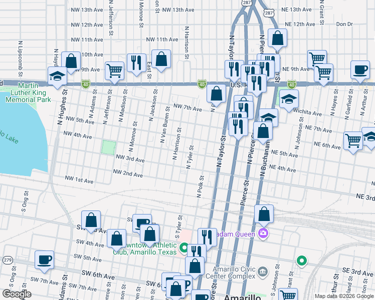map of restaurants, bars, coffee shops, grocery stores, and more near 311-399 North Tyler Street in Amarillo