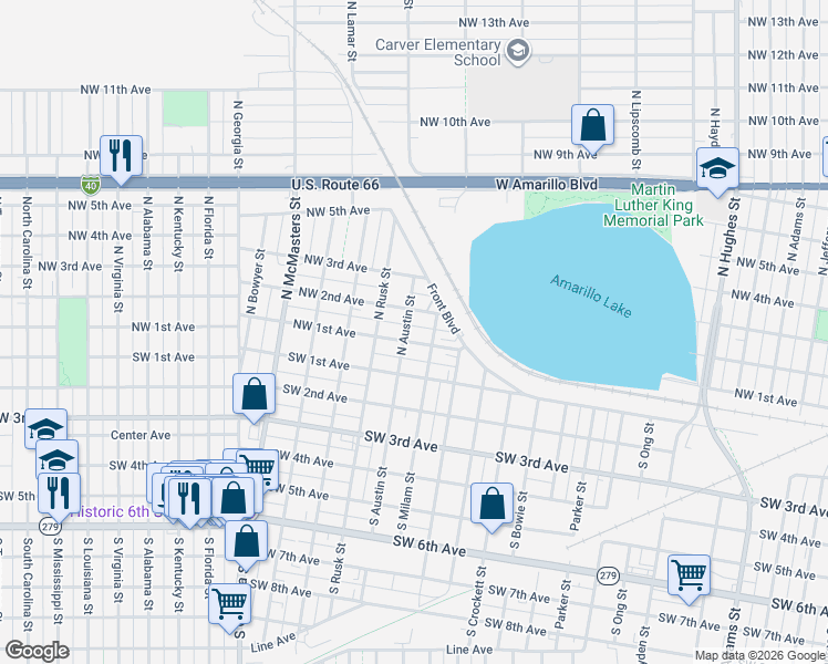 map of restaurants, bars, coffee shops, grocery stores, and more near 2100 Northwest 1st Avenue in Amarillo