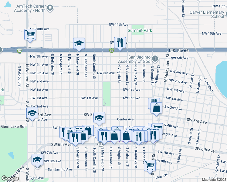 map of restaurants, bars, coffee shops, grocery stores, and more near 100 South Louisiana Street in Amarillo