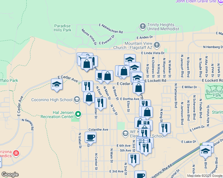 map of restaurants, bars, coffee shops, grocery stores, and more near 2917 North Rose Street in Flagstaff
