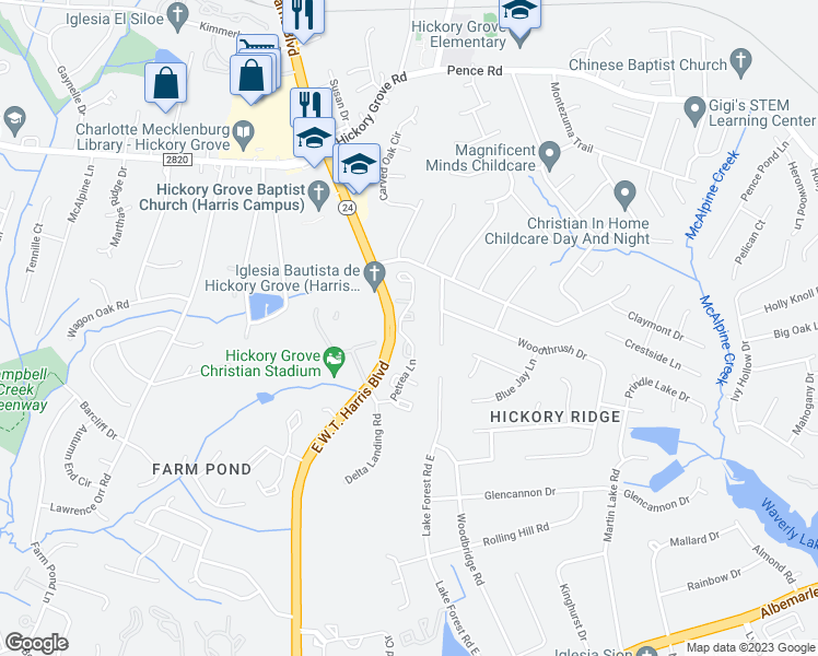 map of restaurants, bars, coffee shops, grocery stores, and more near 7663 Petrea Lane in Charlotte