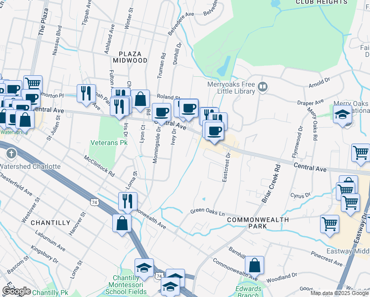 map of restaurants, bars, coffee shops, grocery stores, and more near 1408 Ivey Drive in Charlotte