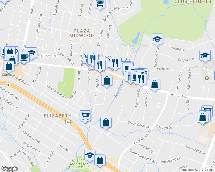 map of restaurants, bars, coffee shops, grocery stores, and more near 1408 Ivey Drive in Charlotte