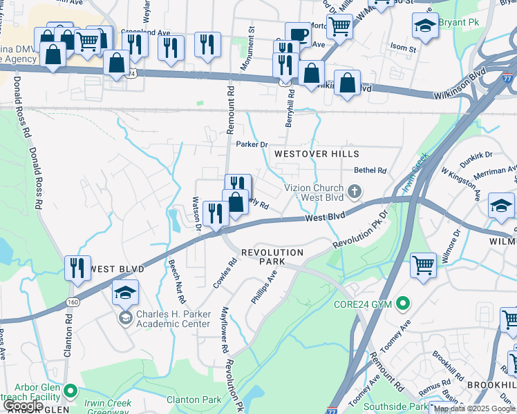 map of restaurants, bars, coffee shops, grocery stores, and more near 1500 West Boulevard in Charlotte