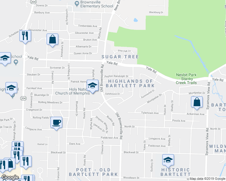 map of restaurants, bars, coffee shops, grocery stores, and more near 3355 Coachouse Cove in Bartlett