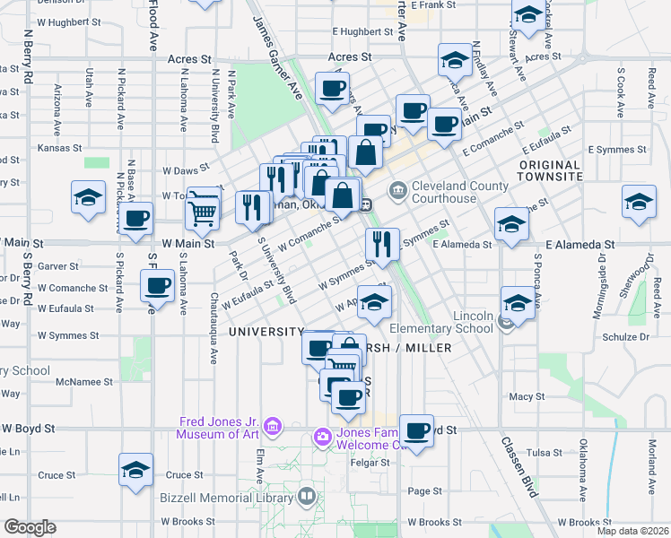 map of restaurants, bars, coffee shops, grocery stores, and more near 219 West Symmes Street in Norman