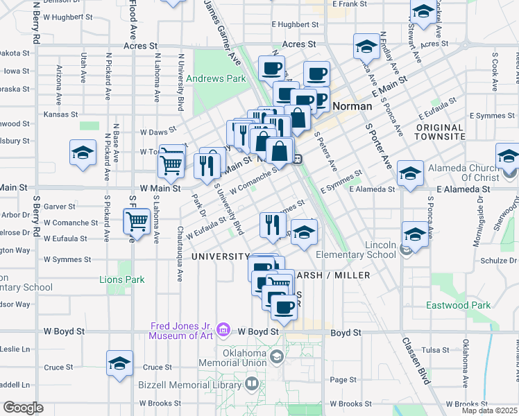 map of restaurants, bars, coffee shops, grocery stores, and more near 219 West Symmes Street in Norman
