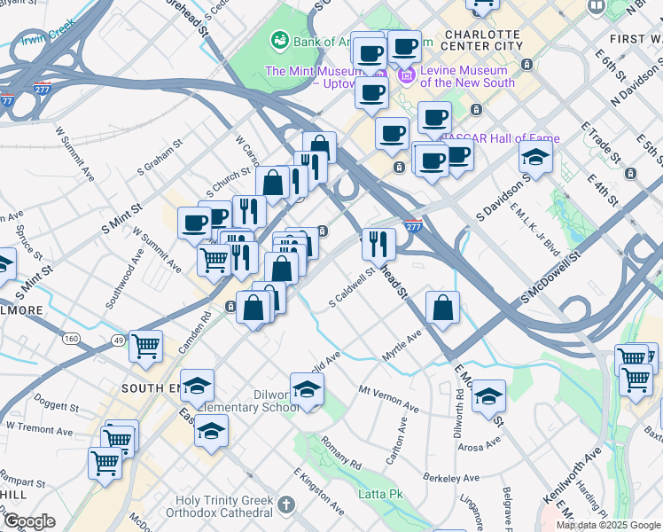 map of restaurants, bars, coffee shops, grocery stores, and more near 1101 South Boulevard in Charlotte