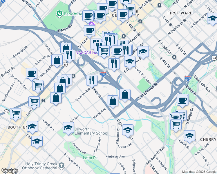 map of restaurants, bars, coffee shops, grocery stores, and more near 700 Hillside Avenue in Charlotte
