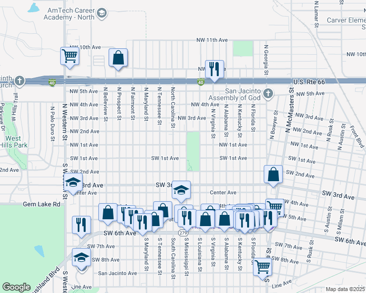 map of restaurants, bars, coffee shops, grocery stores, and more near 91 North Mississippi Street in Amarillo