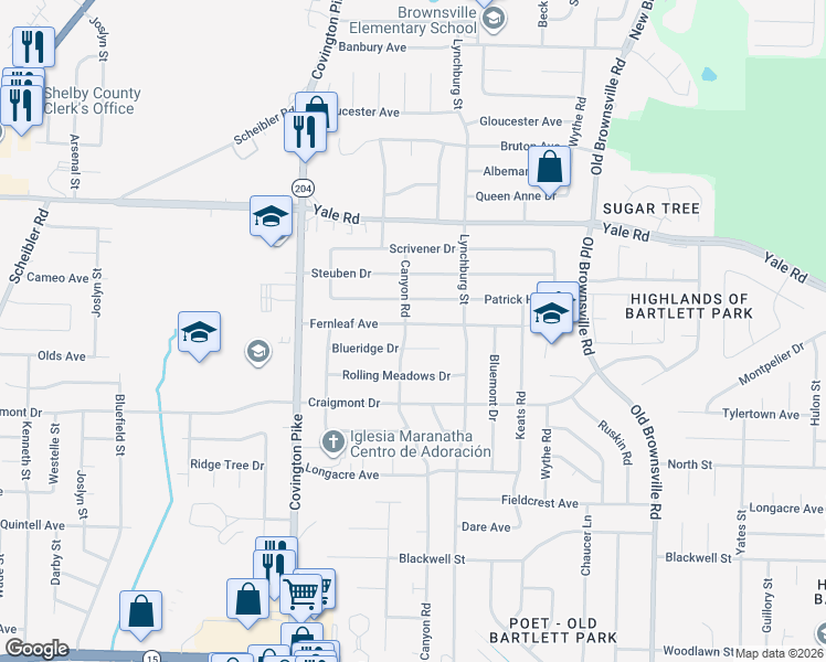 map of restaurants, bars, coffee shops, grocery stores, and more near 5201 Fernleaf Avenue in Memphis
