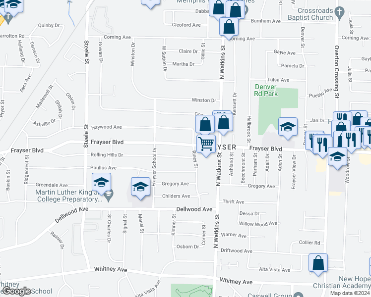 map of restaurants, bars, coffee shops, grocery stores, and more near 1723 Frayser Boulevard in Memphis