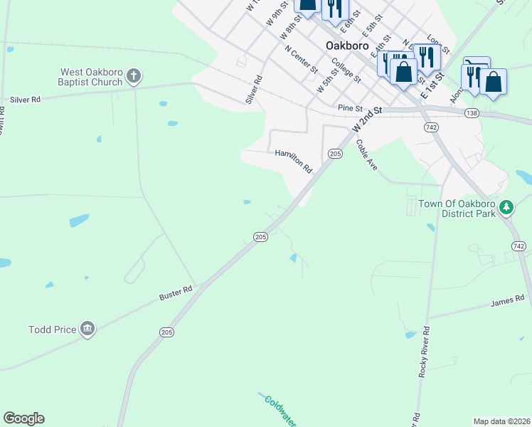 map of restaurants, bars, coffee shops, grocery stores, and more near 8639 North Carolina 205 in Oakboro
