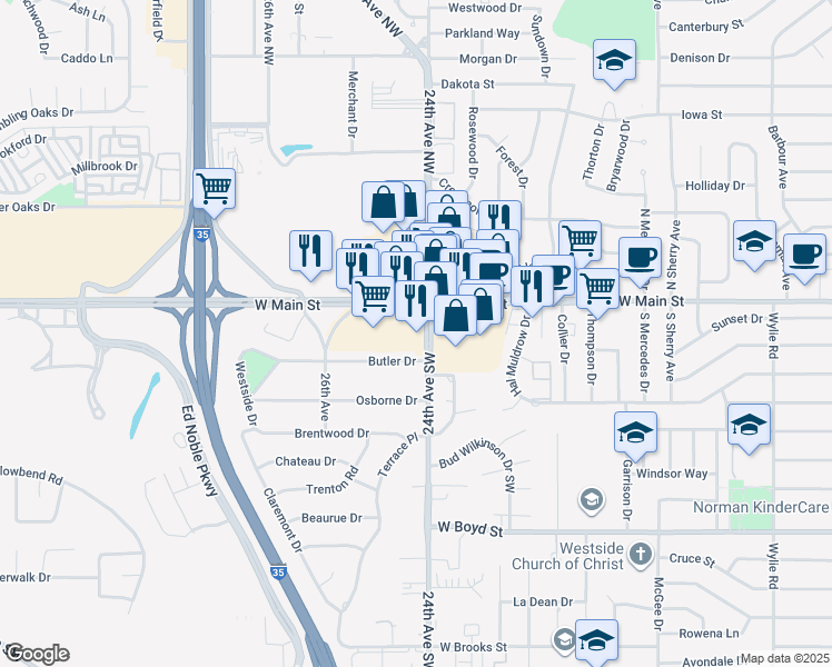 map of restaurants, bars, coffee shops, grocery stores, and more near 2409 Butler Drive in Norman