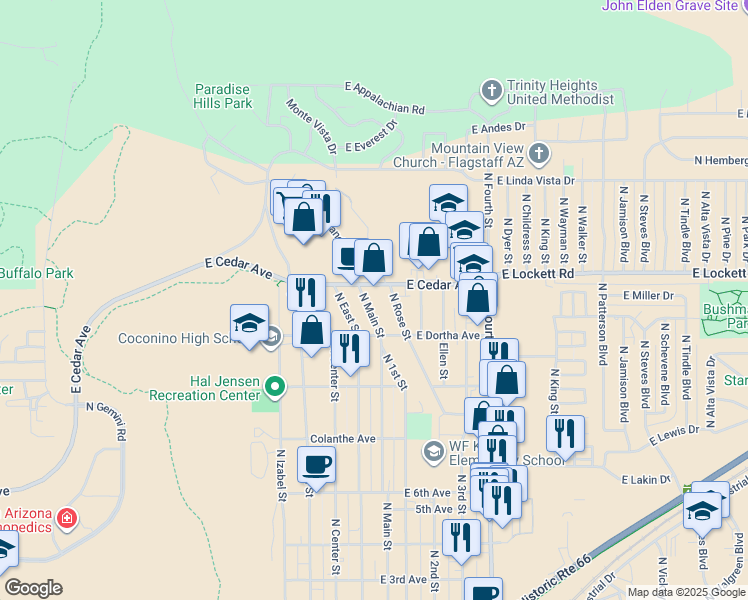 map of restaurants, bars, coffee shops, grocery stores, and more near 2917 North Rose Street in Flagstaff