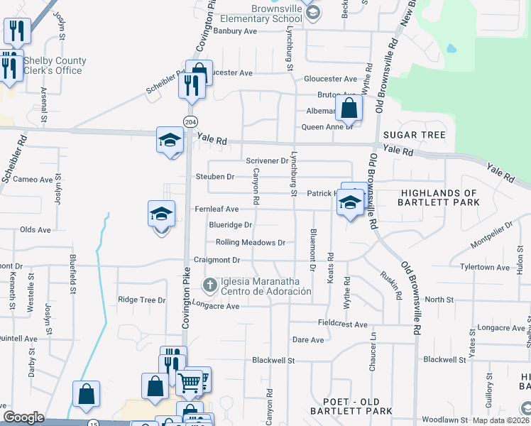 map of restaurants, bars, coffee shops, grocery stores, and more near 5226 Blueridge Drive in Memphis