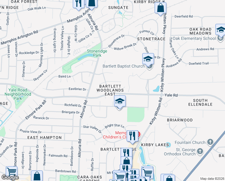 map of restaurants, bars, coffee shops, grocery stores, and more near 6623 Yale Road in Bartlett