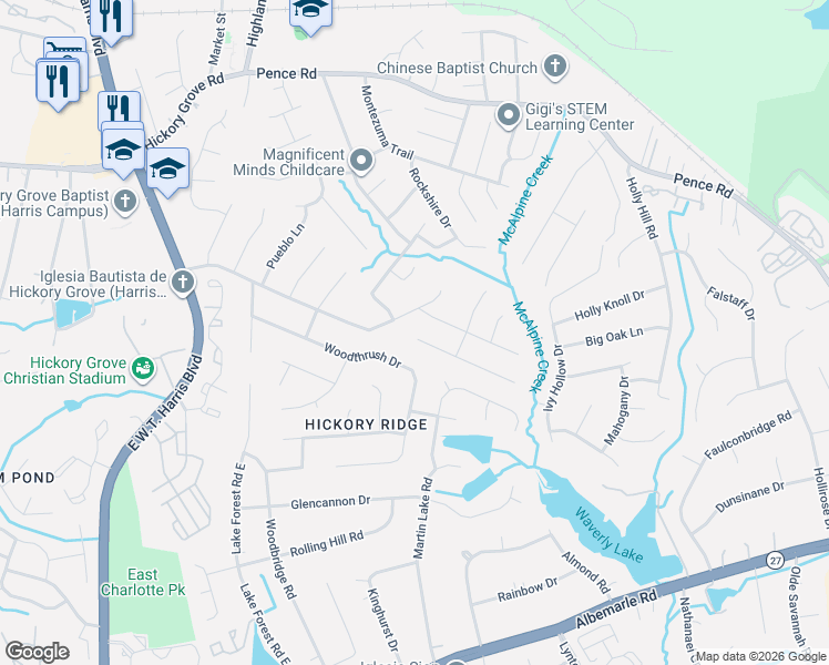 map of restaurants, bars, coffee shops, grocery stores, and more near 7527 Crestside Lane in Charlotte