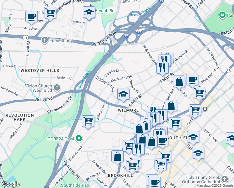 map of restaurants, bars, coffee shops, grocery stores, and more near in Charlotte