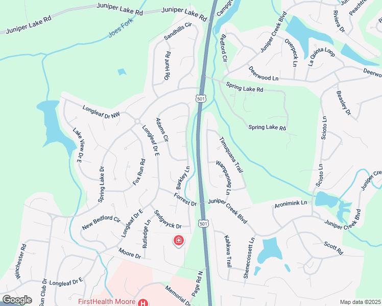 map of restaurants, bars, coffee shops, grocery stores, and more near 455 Adams Circle in Pinehurst