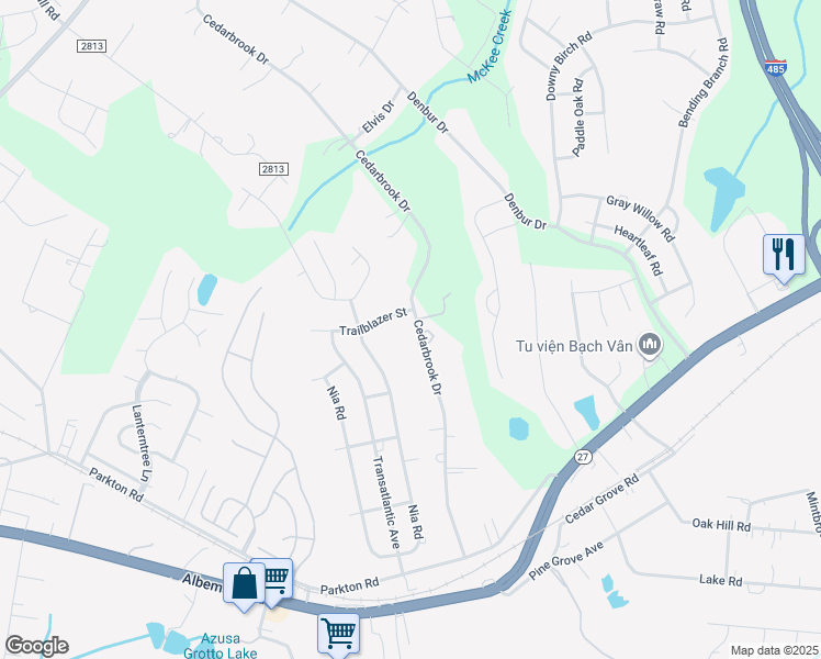 map of restaurants, bars, coffee shops, grocery stores, and more near 7421 Cedarbrook Drive in Charlotte