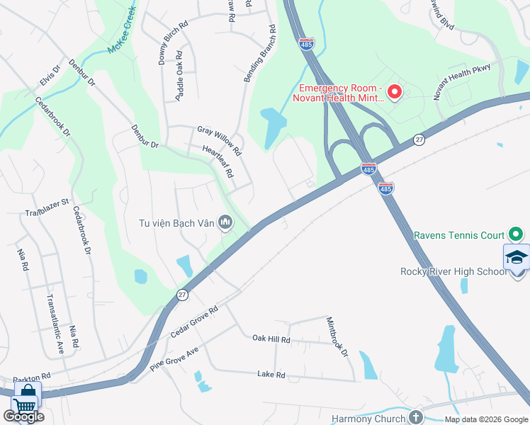 map of restaurants, bars, coffee shops, grocery stores, and more near 11700 North Carolina 27 in Mint Hill