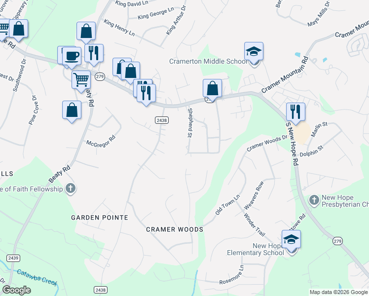 map of restaurants, bars, coffee shops, grocery stores, and more near 102 Horseman Drive in Gastonia