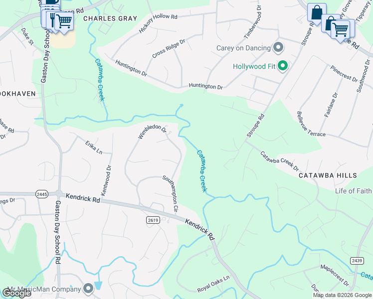 map of restaurants, bars, coffee shops, grocery stores, and more near 2805 Wimbledon Drive in Gastonia