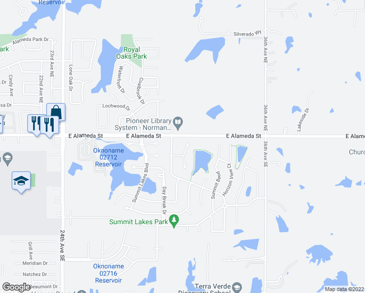 map of restaurants, bars, coffee shops, grocery stores, and more near 108 Summit Ridge Court in Norman