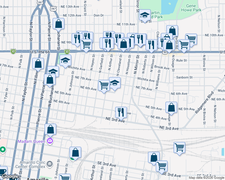 map of restaurants, bars, coffee shops, grocery stores, and more near 600 North Cleveland Street in Amarillo