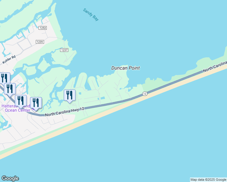 map of restaurants, bars, coffee shops, grocery stores, and more near 56190A Austin Road in Hatteras