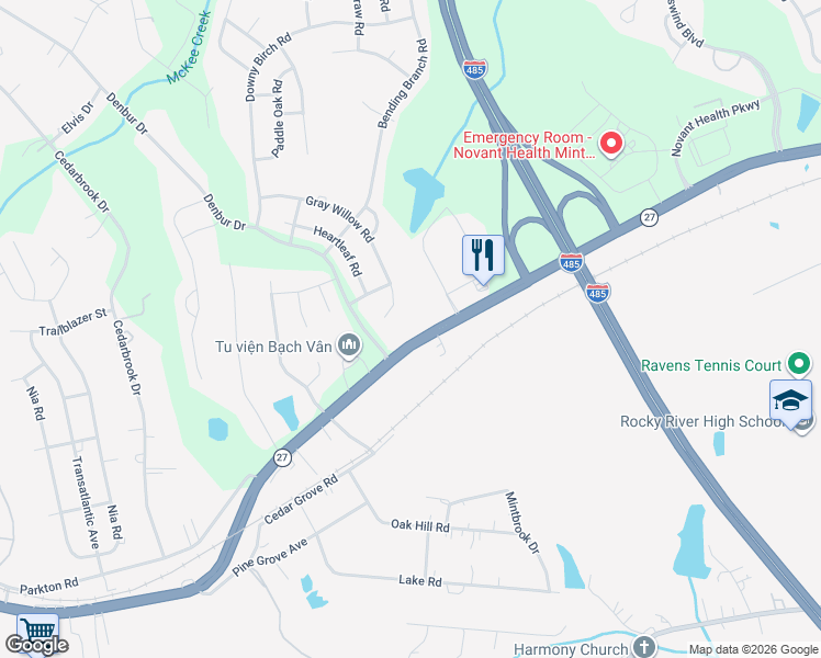 map of restaurants, bars, coffee shops, grocery stores, and more near 11700 North Carolina 27 in Mint Hill