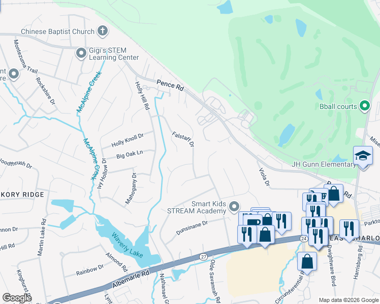 map of restaurants, bars, coffee shops, grocery stores, and more near 8523 Othello Place in Charlotte